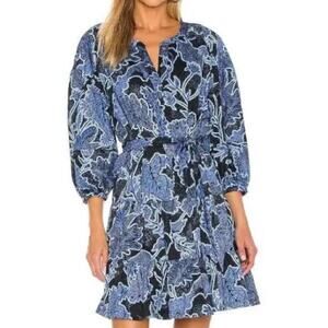 Parker Jenna Puff Sleeve cotton tiered tie waist mini dress dark floral large